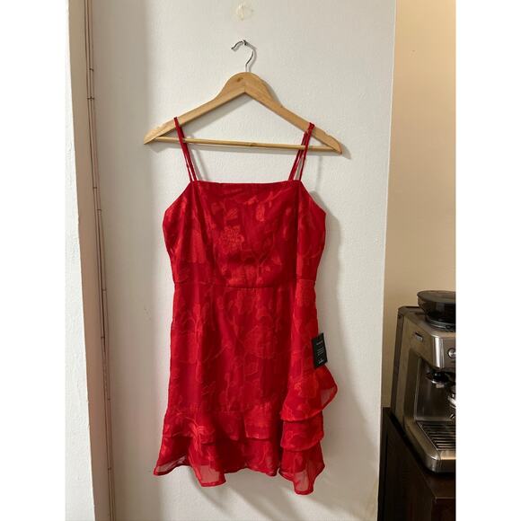 Lulus Dresses & Skirts - Lulus Red Floral Jacquard Ruffle Mini Dress – Size M (New With Tags)